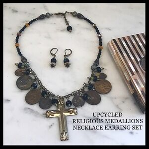 Vintage Religious Medallion & Cross Charm Necklace
